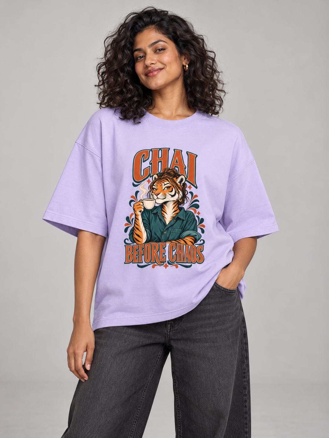 Chai Before Chaos Tiger Lavender oversized T-shirt on an Indian female model, front studio view