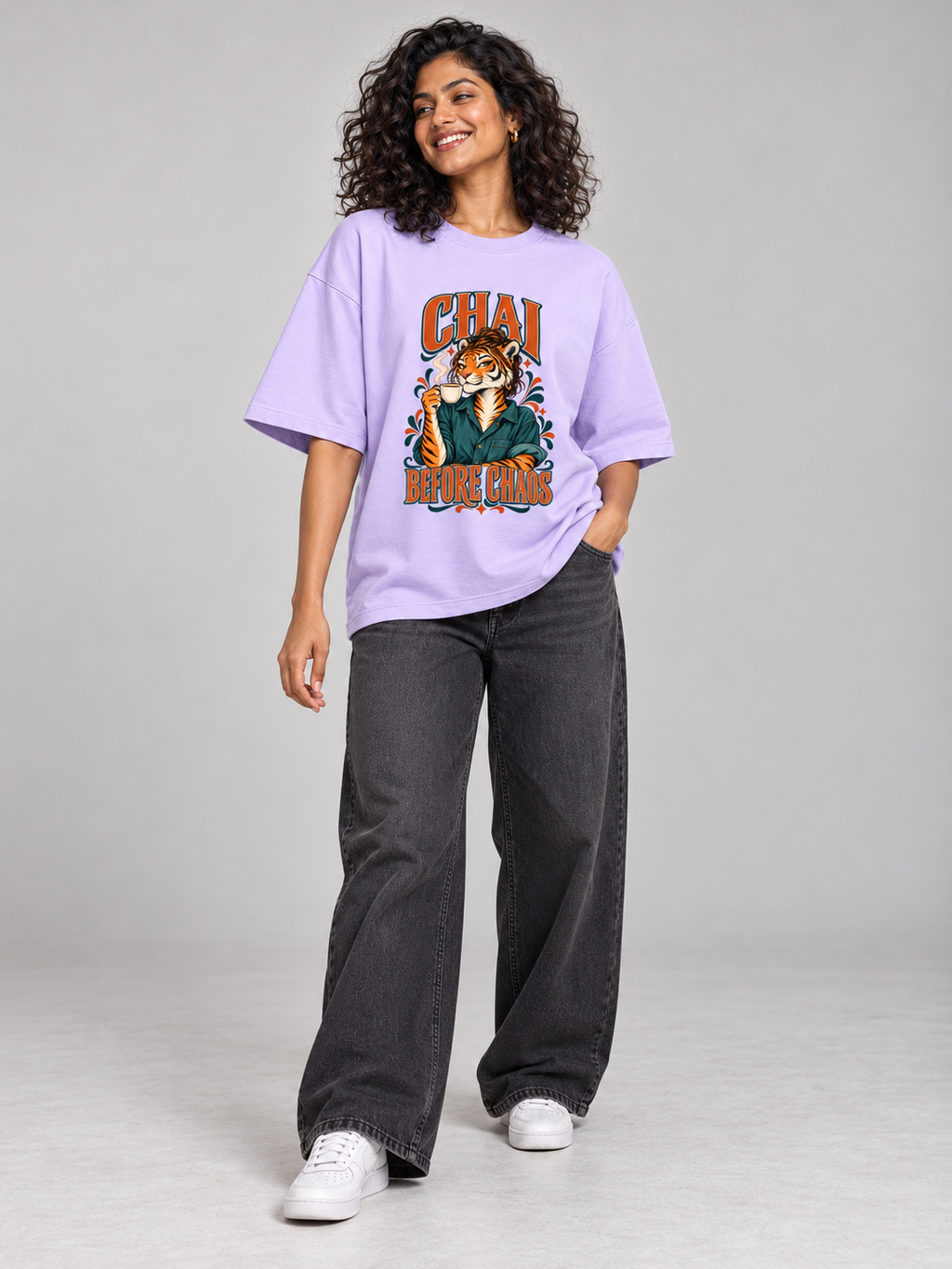 Chai Before Chaos Tiger Lavender oversized T-shirt on an Indian female model, full-length studio view