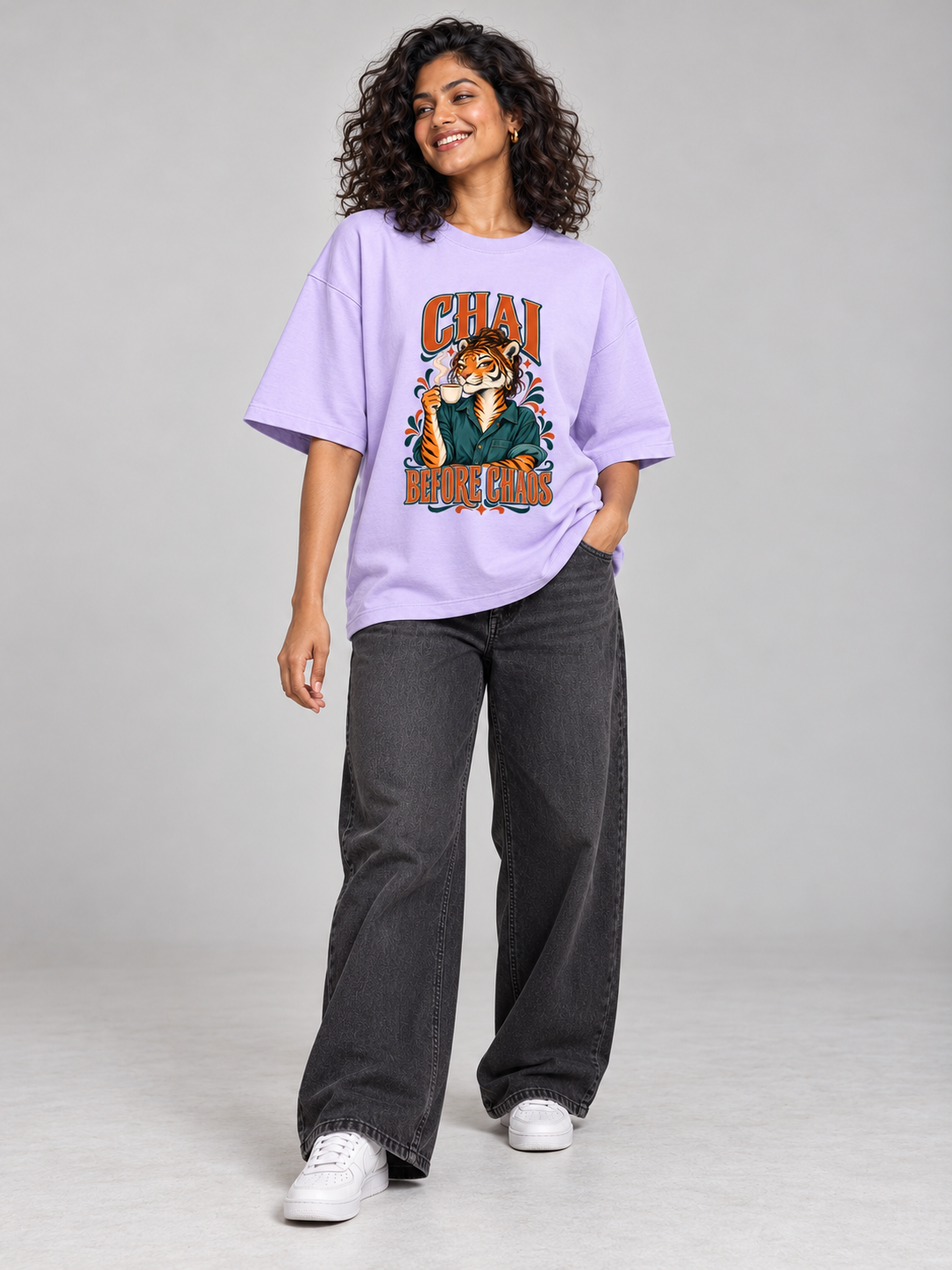 Chai Before Chaos Tiger Lavender oversized T-shirt on an Indian female model, full-length studio view