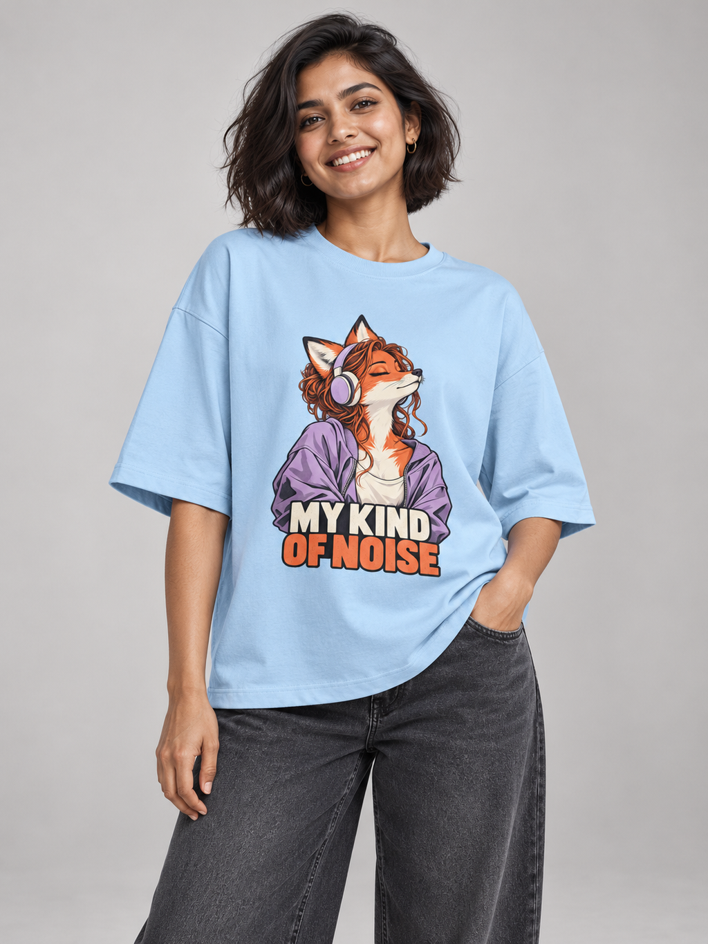 My Kind of Noise Fox Baby Blue oversized T-shirt on an Indian female model, front studio view