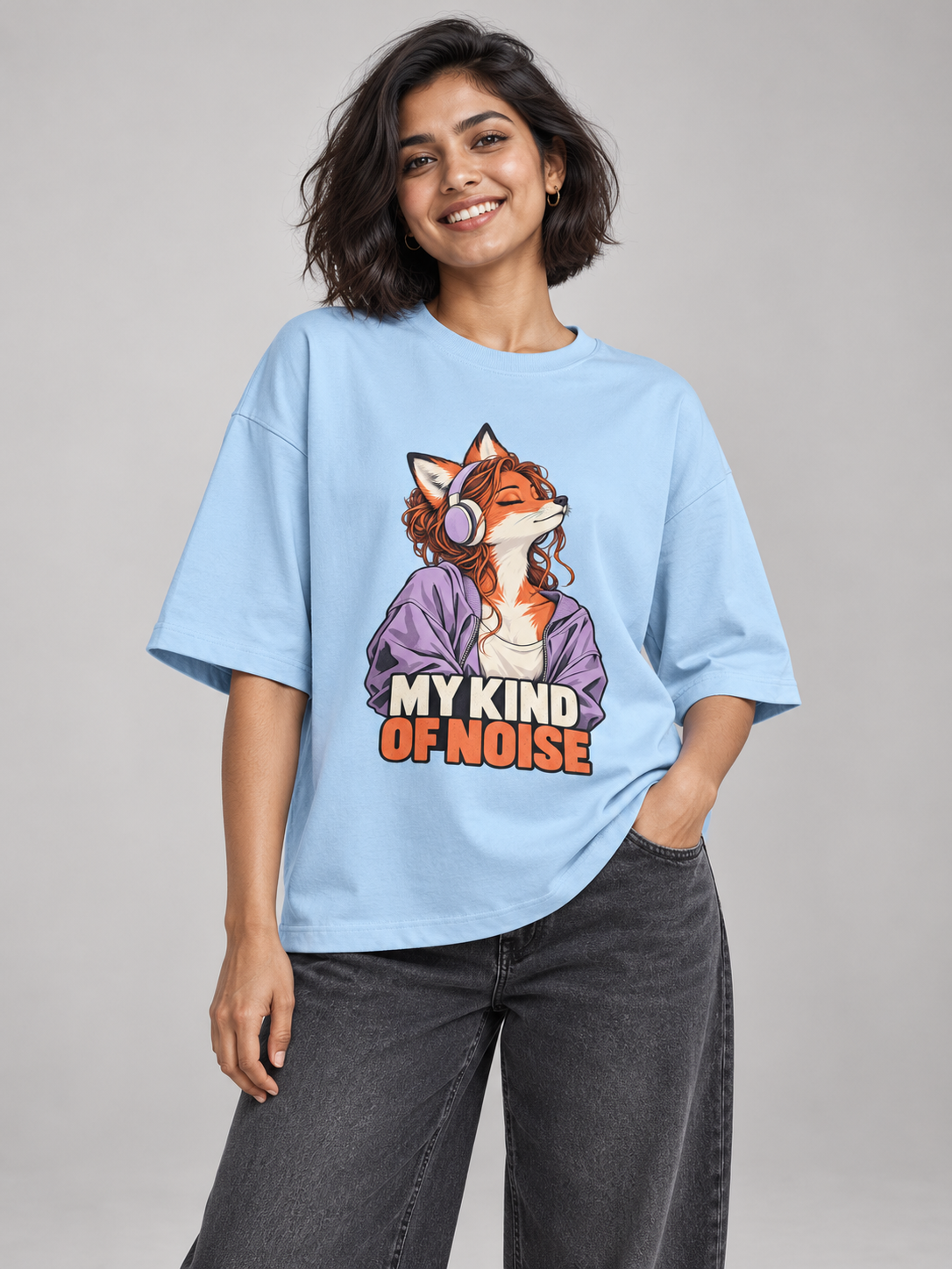 My Kind of Noise Fox Baby Blue oversized T-shirt on an Indian female model, front studio view