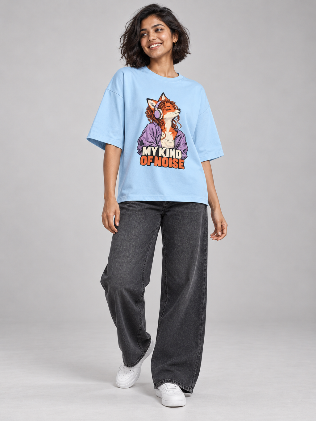 My Kind of Noise Fox Baby Blue oversized T-shirt on an Indian female model, full-length studio view