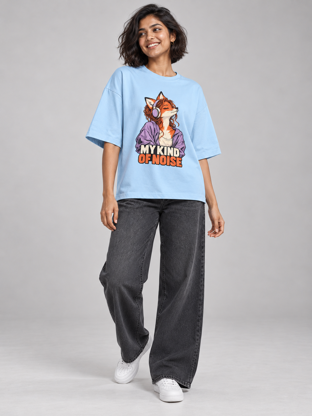 My Kind of Noise Fox Baby Blue oversized T-shirt on an Indian female model, full-length studio view