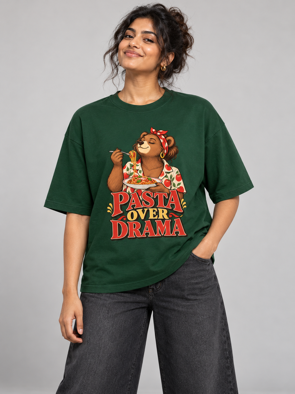 Pasta Over Drama Bear Bottle Green oversized T-shirt on an Indian female model, front studio view