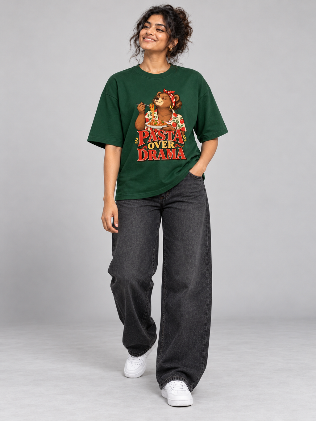 Pasta Over Drama Bear Bottle Green oversized T-shirt on an Indian female model, full-length studio view
