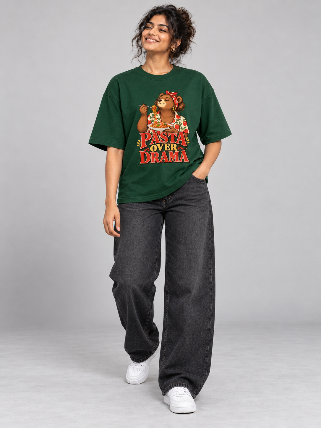 Pasta Over Drama Bear Bottle Green oversized T-shirt on an Indian female model, full-length studio view