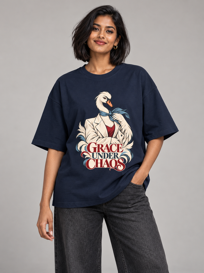 Grace Under Chaos Swan – Oversized Graphic T-Shirt