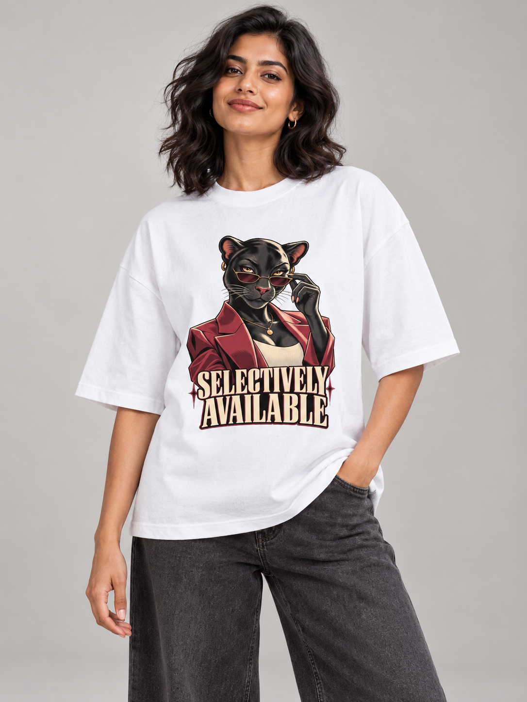 Selectively Available Panther White oversized T-shirt on an Indian female model, front studio view