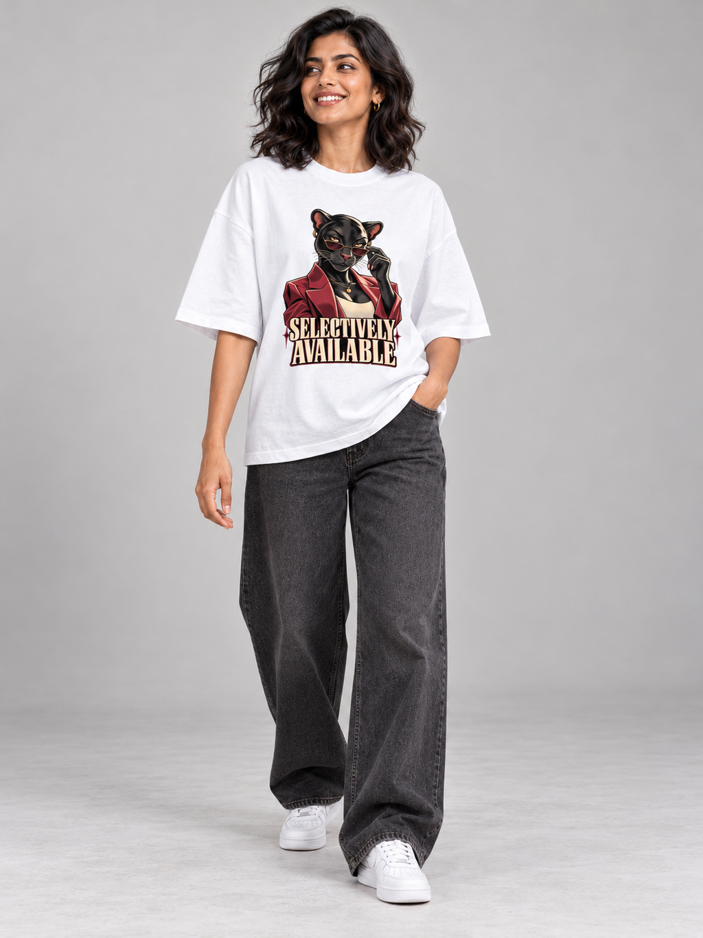 Selectively Available Panther White oversized T-shirt on an Indian female model, full-length studio view