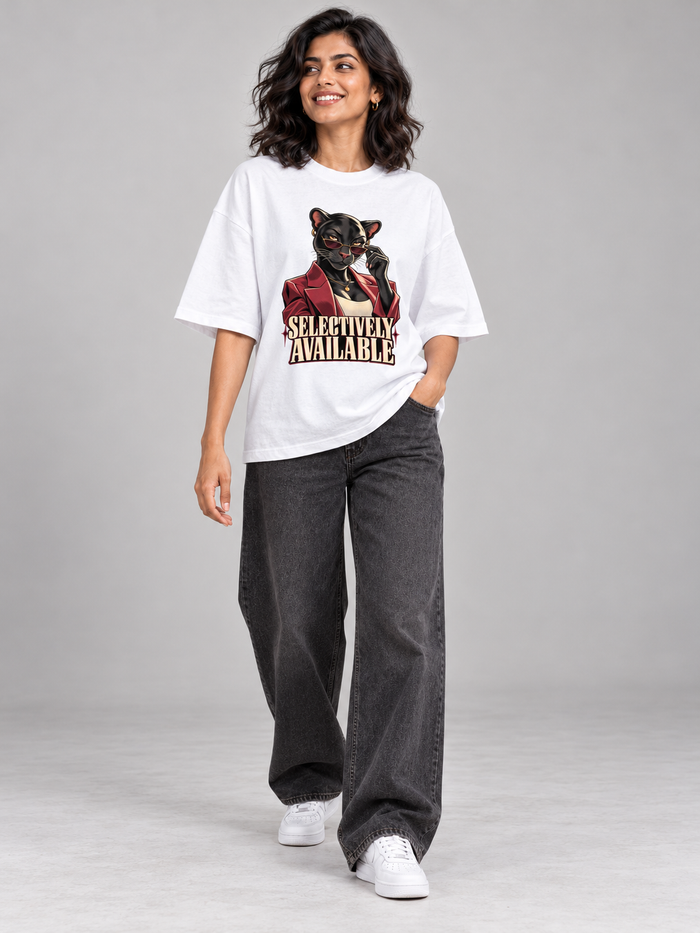 Selectively Available Panther White oversized T-shirt on an Indian female model, full-length studio view