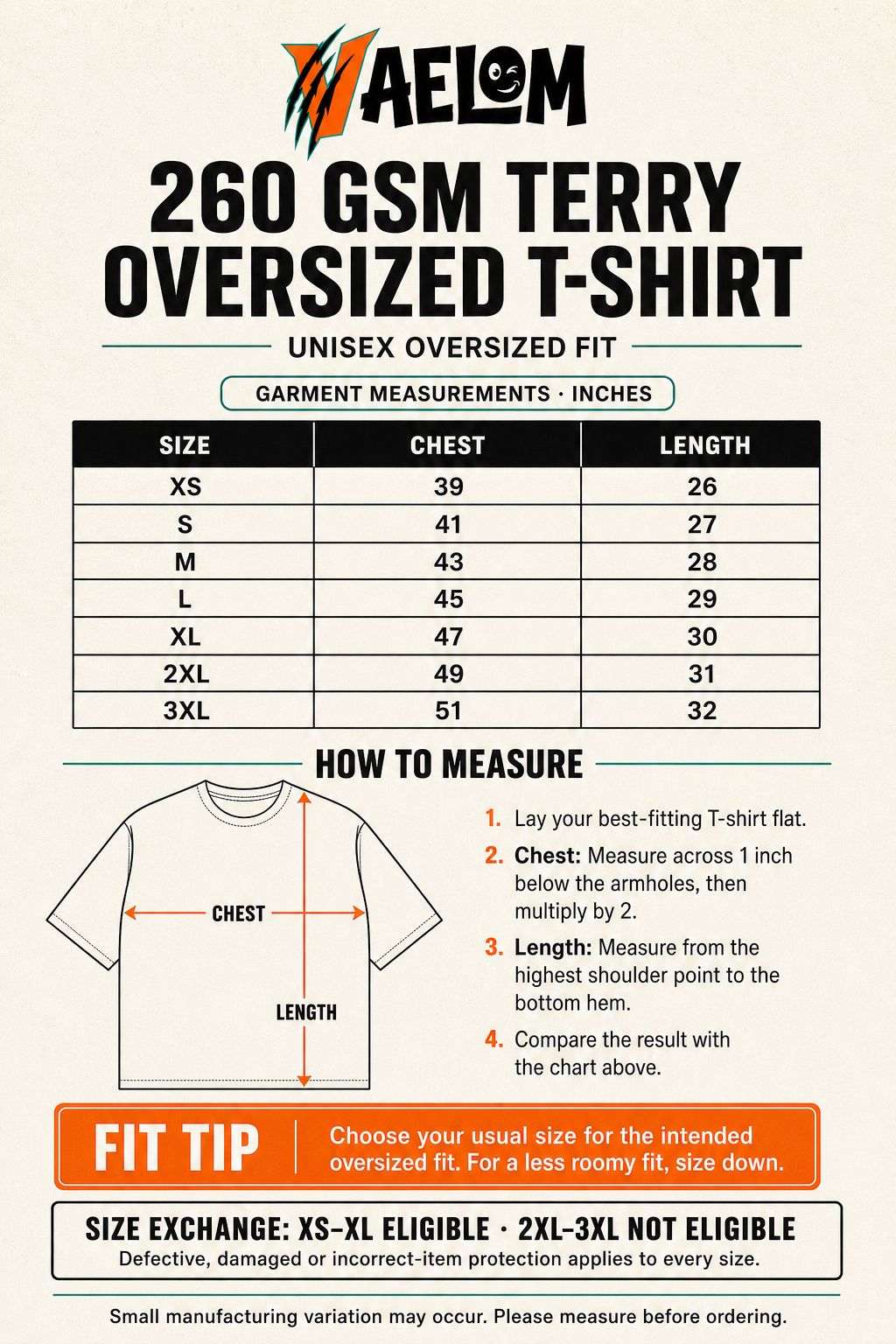 VAELOM 260 GSM terry oversized T-shirt size chart and how to measure guide