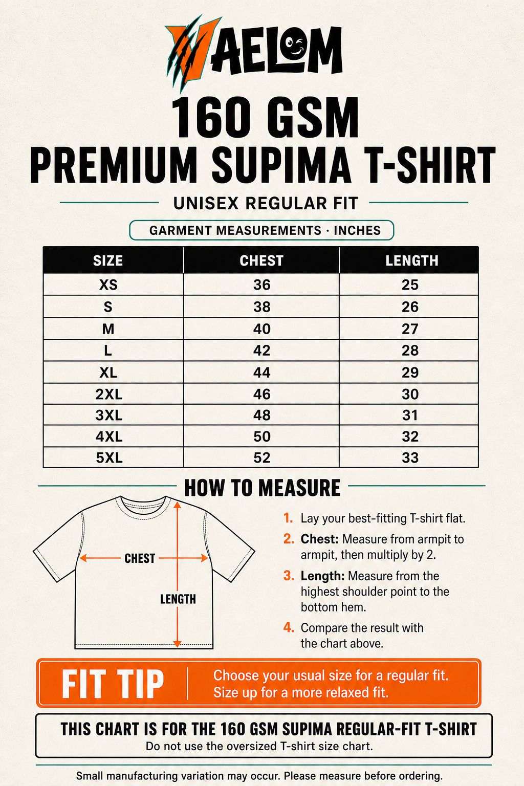 VAELOM 160 GSM Supima regular-fit T-shirt size chart and how to measure guide